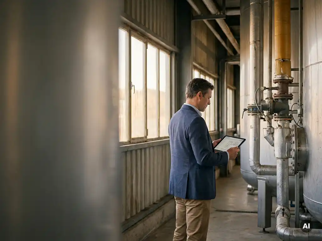 Milieuadviseur bekijkt technische documentatie op tablet naast industriële opslagtanks in Nederlandse productiefaciliteit.