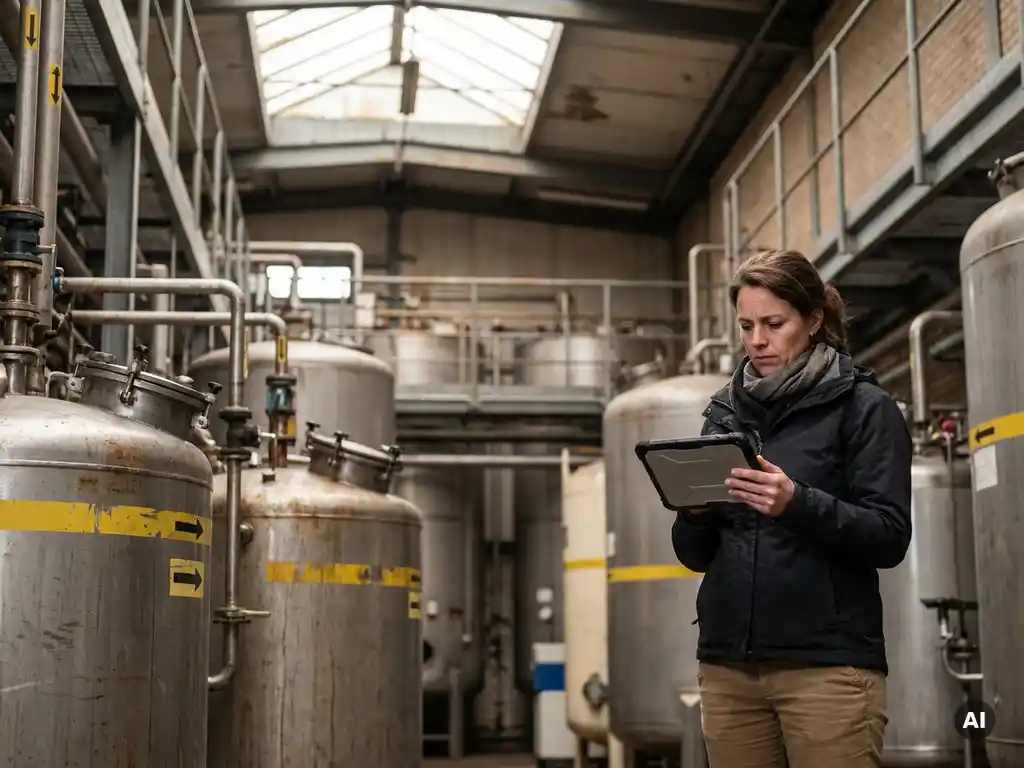 Milieuadviseur bekijkt tablet naast industriële chemische opslagtanks in Nederlandse productiefaciliteit met roestvrijstalen vaten en gele veiligheidsmarkeringen.