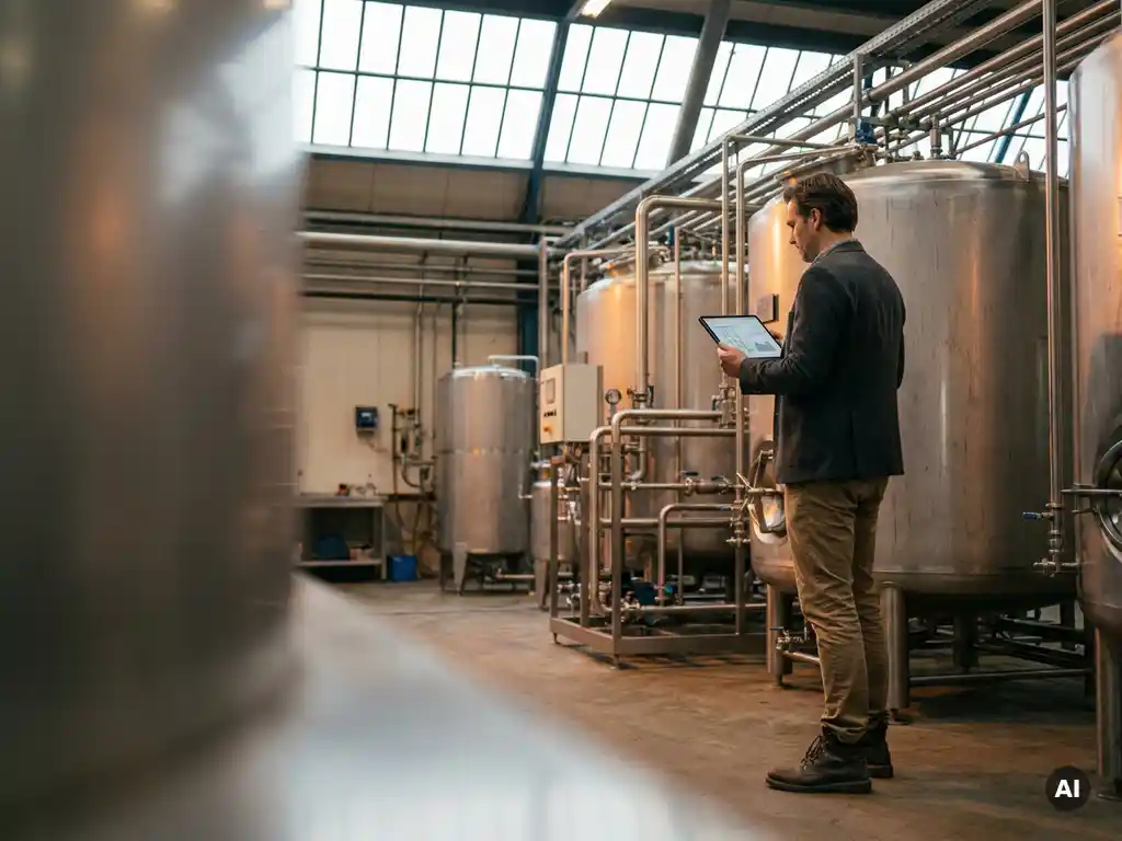 Milieuadviseur bekijkt technische documentatie op tablet naast industriële opslagtanks in Nederlandse productiefaciliteit.
